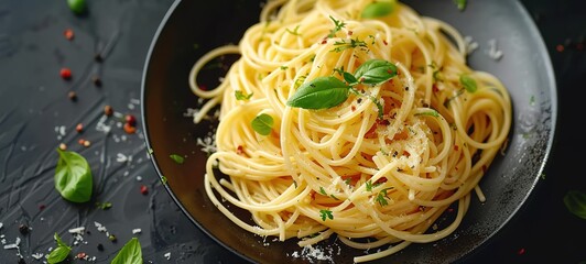Tasty appetizing classic italian spaghetti pasta with tomato sauce, cheese parmesan and basil