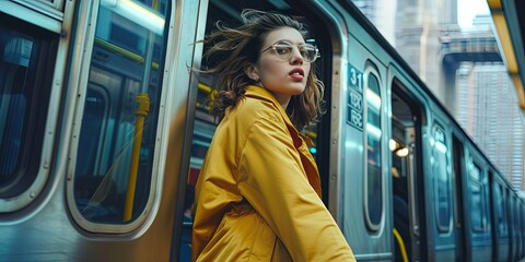 Trendy woman exiting train - obrazy, fototapety, plakaty