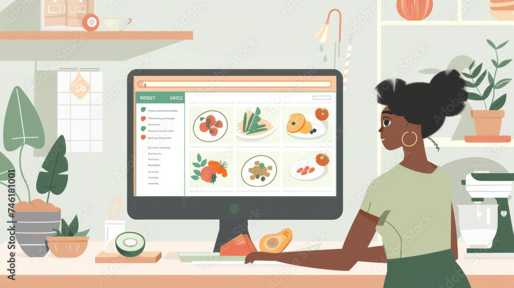 Poster an image of a virtual assistant avatar on a computer screen displaying meal plans and recipe suggest