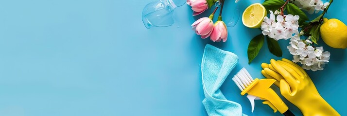 Spring cleaning concept with cleaning supplies and blooming plants - obrazy, fototapety, plakaty