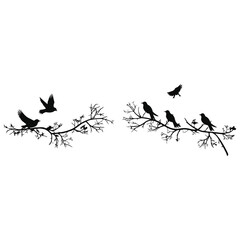 A set of silhouettes of a graceful tree blooming flowers with birds.
