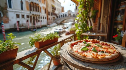 Fresh delicious pizza on the table in a restaurant on the streets of Italy
