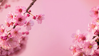 Japanese cherry blossoms in pink against pink Background, banner