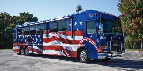 Fototapeta na wymiar Election campaign bus - tour bus with patriotic american flag design for presidential or congressional candidate to travel the country and canvas for votes in the election.
