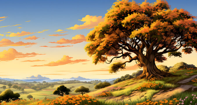 a painting of a big tree on the side of a hill