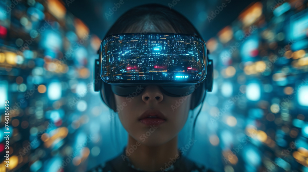 Poster a person wearing a virtual reality headset immersed in a futuristic world of data and financial tran