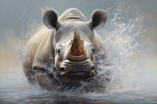 Powerful Rhinoceros splashes. Animal horn wild. Generate Ai