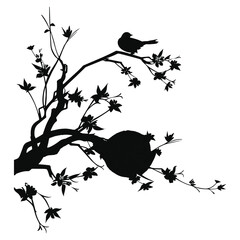 A set of silhouettes of a graceful tree blooming flowers with birds.
