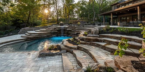 Tuinposter Home landscaping - vast front yard garden with swimming pool along with gravel and vegetation © Brian