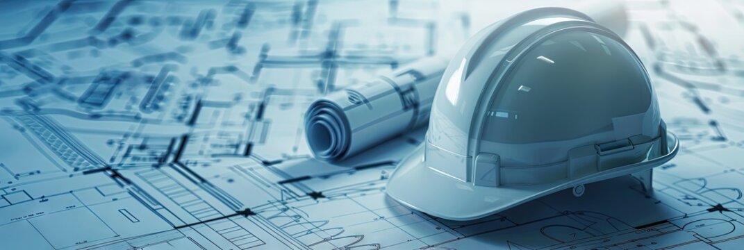 Construction hard hat on top of engineering blueprints for architectural design