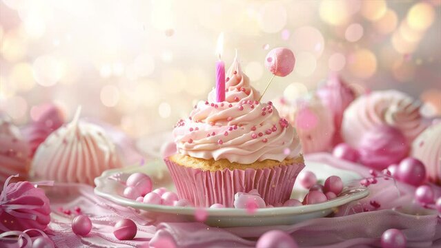 Birthday cupcake with candle and pink decoration. seamless looping overlay 4k virtual video animation background 