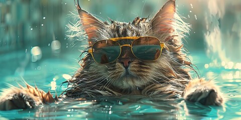 cat wearing sunglasses in swimming pool floating in the summer water