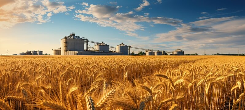 grain elevator in front of wheatfield. flour or oil mill plant silos containers.