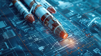 Rocket ship or missile on engineering schematics 