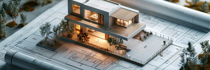 3D model home on top of architecture blueprints - new house construction and design