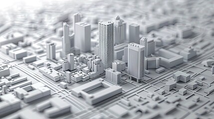 Cityscape 3D model on top of architectural blueprints, Engineering schematics and civic design concept