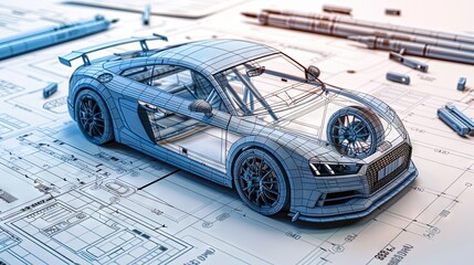 Automobile 3D model on top of engineering schematics - automotive manufacturing and design concept - obrazy, fototapety, plakaty