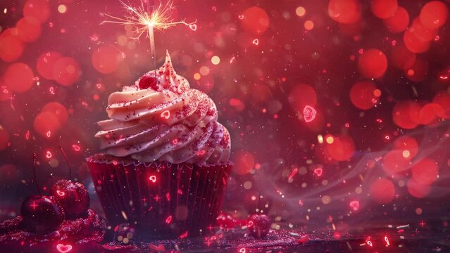 sparkling birthday background with red cupcake on red background. seamless looping overlay 4k virtual video animation background 