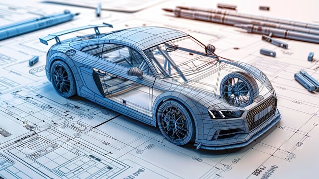 Automobile 3D model on top of engineering schematics - automotive manufacturing and design concept