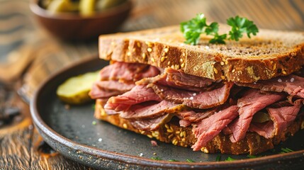 Delicious pastrami sandwich made with wholegrain bread with fresh salad and pickle