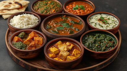 Assorted various Indian food on a dark rustic background. Traditional Indian dishes Chicken tikka...