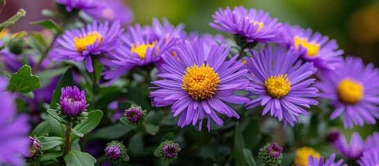 A bunch of purple flowers with yellow centers known as Vibrant Aster Laevis Les Moutiers bloom beautifully.