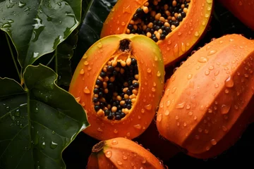 Fototapeten Sweet Ripe papaya fruit. Whole and half delicious orange dessert with black seeds. Generate ai © juliars