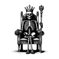 Fototapeta na wymiar retro vintage art style skeleton king sit on throne chair with staff in hand vector illustration