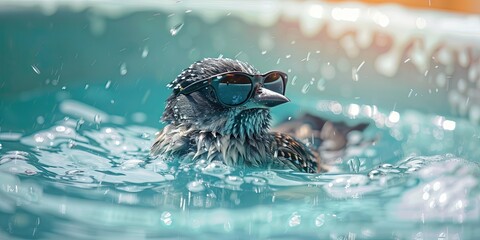 Bird wearing sunglasses in swimming pool floating in the summer water