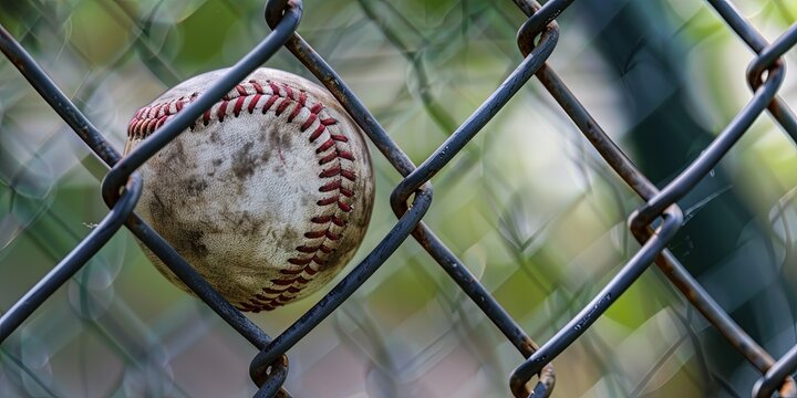baseball in a chain link fence