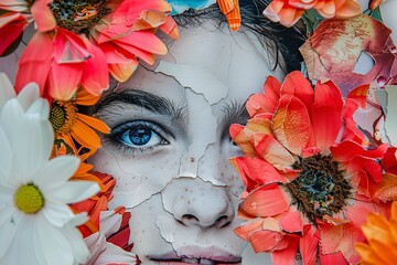 An exciting paper collage with a girl's face and flowers.
