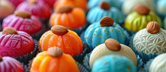 Fototapeta na wymiar A vibrant, close-up photo showcasing numerous colorful cupcakes adorned with almonds, symbolizing the joy and festivities of Ramadan.