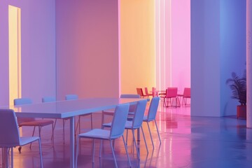Interior of modern meeting room with pink and blue walls, concrete floor, long wooden table with purple chairs