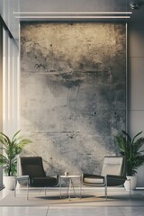 Contemporary office lobby interior with armchairs and concrete wall. Mock up