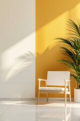 Interior of a modern living room with a white chair and a plant