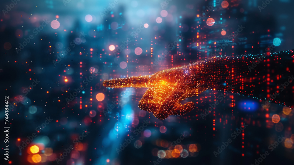 Poster a vibrant cityscape made entirely of pixels glows in the background as a series of digital hands pas