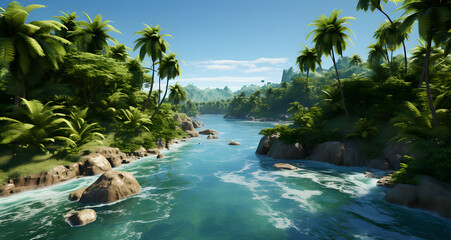 palm trees are next to the water and on the rocks