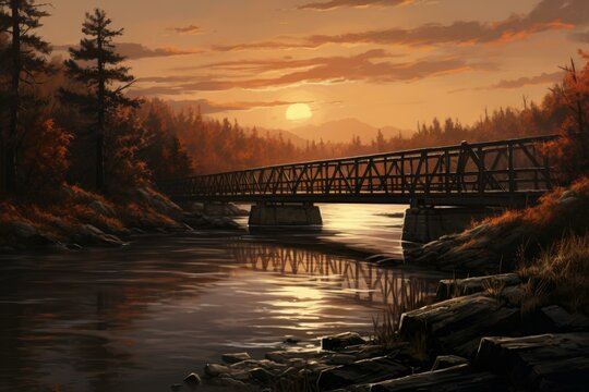 Rustic River wood bridge. Water sky. Generate Ai