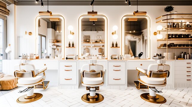 Upscale hair salon interior with plush chairs, sun mirrors and chic decor. - Powered by Adobe
