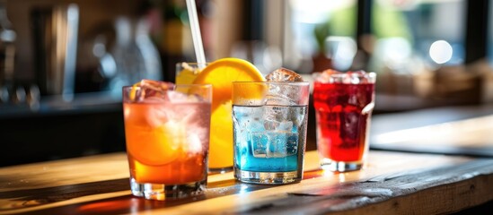 A row of glasses filled with different colored drinks, including water, soft drinks, alcohol, and nectar, arranged on a wooden table.