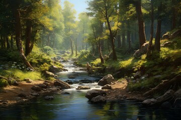 Obraz premium Serene Forest river. Water flow scenery. Generate Ai