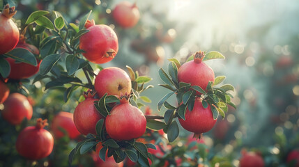 Obraz premium Pomegranate one type of four species in a plantation on trees With copyspace for text
