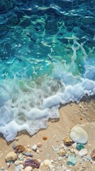 Fototapeta na wymiar Sea wave with pebbles and shells on sandy beach closeup. background