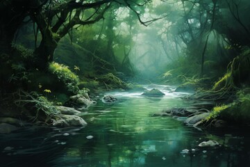 Obraz premium Serene River aerial green hills. Sunny forest. Generate Ai