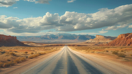 Fototapeta na wymiar Desert Highway Journey Beneath Cloudy Skies: Mountain Road Travel in Scenic Nature Landscape