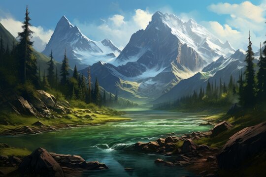 Breathtaking River aerial hills view. Sunny vacation. Generate Ai