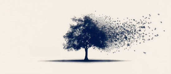 Minimalist Tree Silhouette with Falling Leaves - Symbol of Change and Renewal - obrazy, fototapety, plakaty