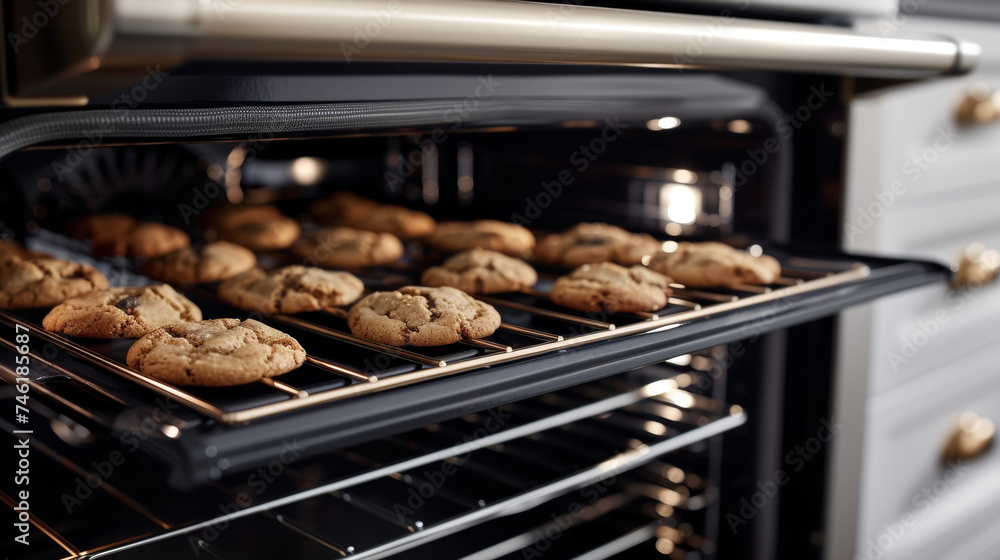 Poster a wire rack with a tray of cookies inside a convection oven with golden edges and a soft center.