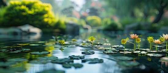 Several water lilies are seen floating on the calm surface of a pond in a garden landscape, creating a serene and natural scene. - obrazy, fototapety, plakaty