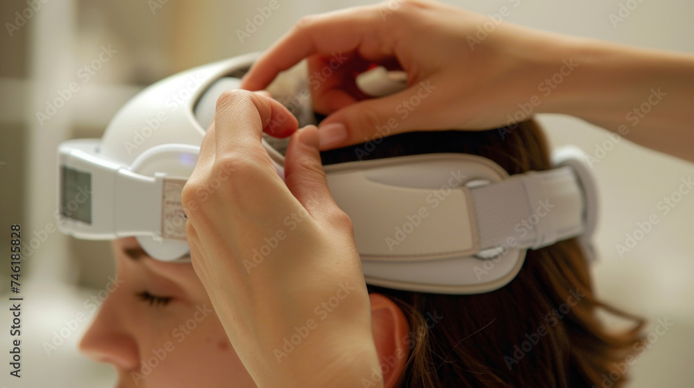 Aufkleber a hand adjusting the placement of a brainwave monitoring headband to ensure accurate readings for st